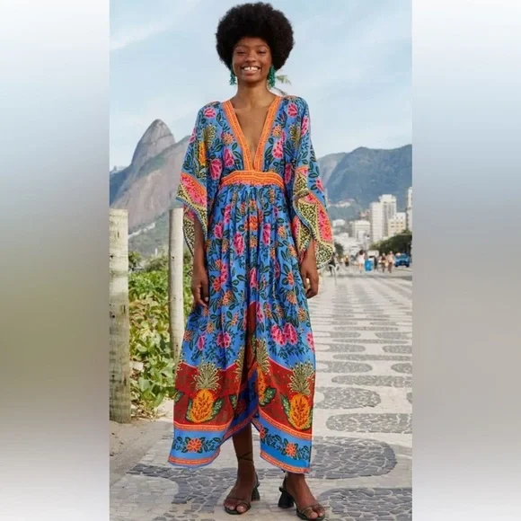 Farm Rio Blue Pineapple Garden Kaftan Maxi Dress Size XXS NWT - Picture 6 of 15